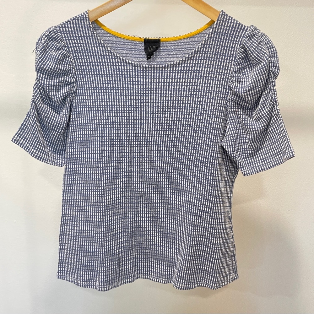 W5 Blue & White Gingham Puff Sleeve Top Women’s Short Sleeve Textured Blouse
